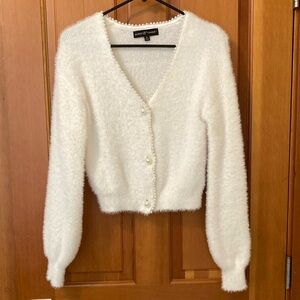 Almost Famous White Fuzzy Cardigan Sweater with pearl detail size Small LIKE NEW
